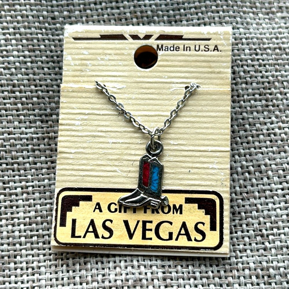 Vintage Souvenir USA Las Vegas Western Cowboy Cowgirl Boot Necklace Charm NOS